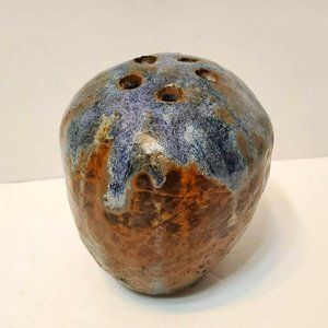 Art Pottery Vase, Flower Frog, Stoneware, Signed Studio Pottery, Blue Beige Pot